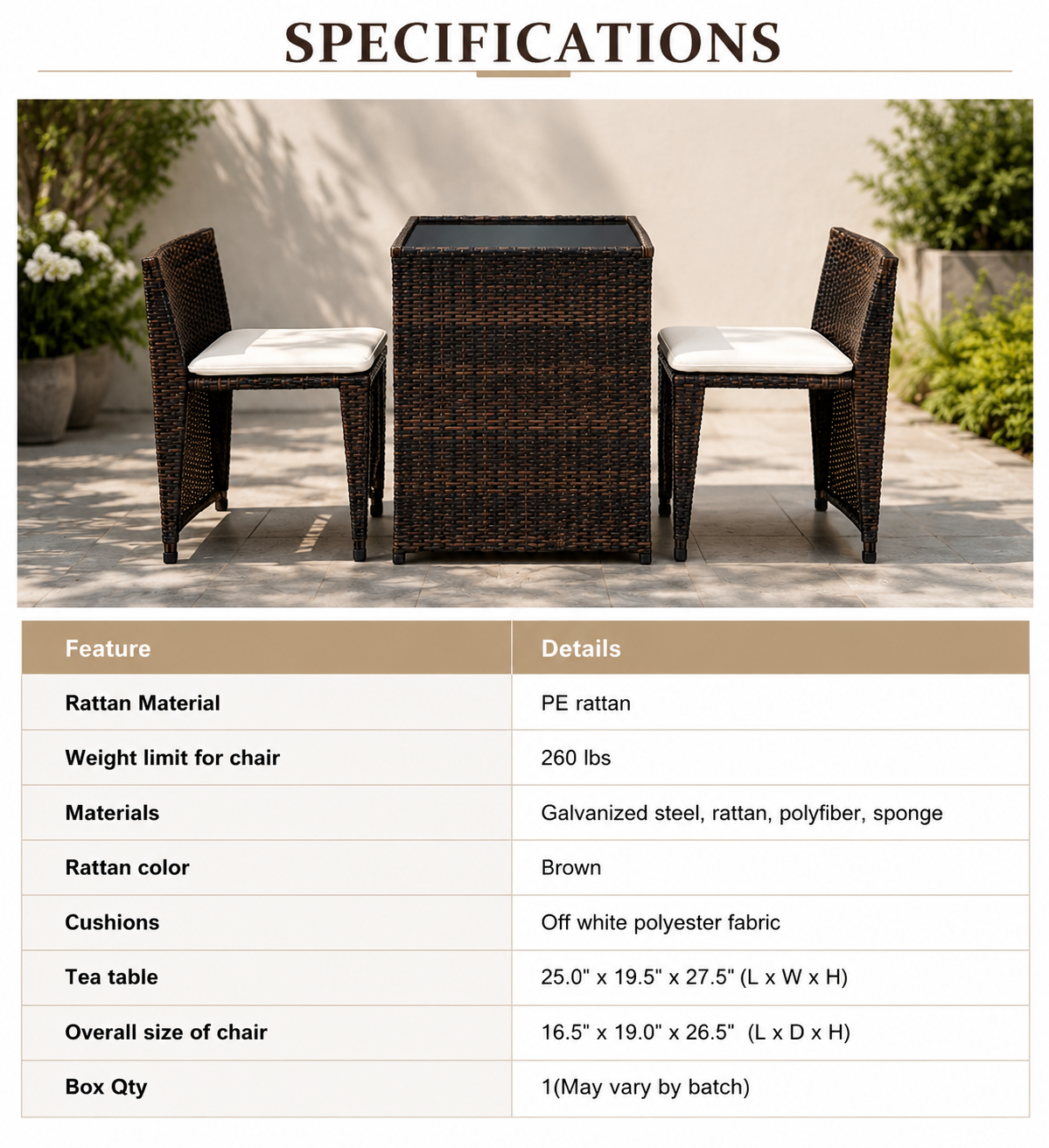 Dimensions diagram for 3-piece wicker patio bistro set table and chairs
