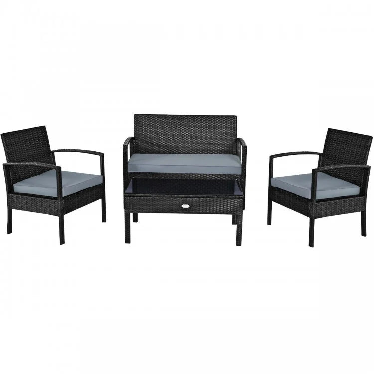 Black wicker outdoor furniture set with gray cushions on a white background