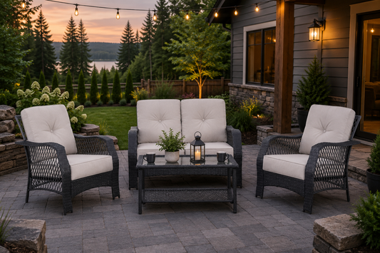 Outdoor patio set with chairs and table on a stone patio at dusk.