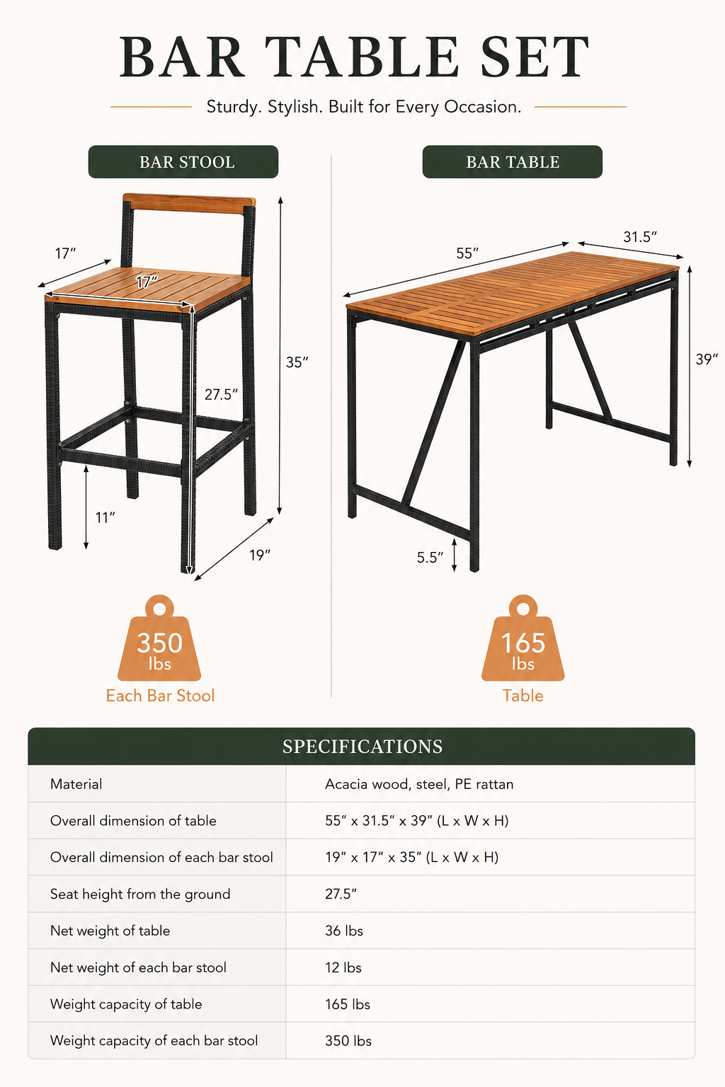 Full 7-piece acacia wood patio bar set with 6 stools for outdoor dining