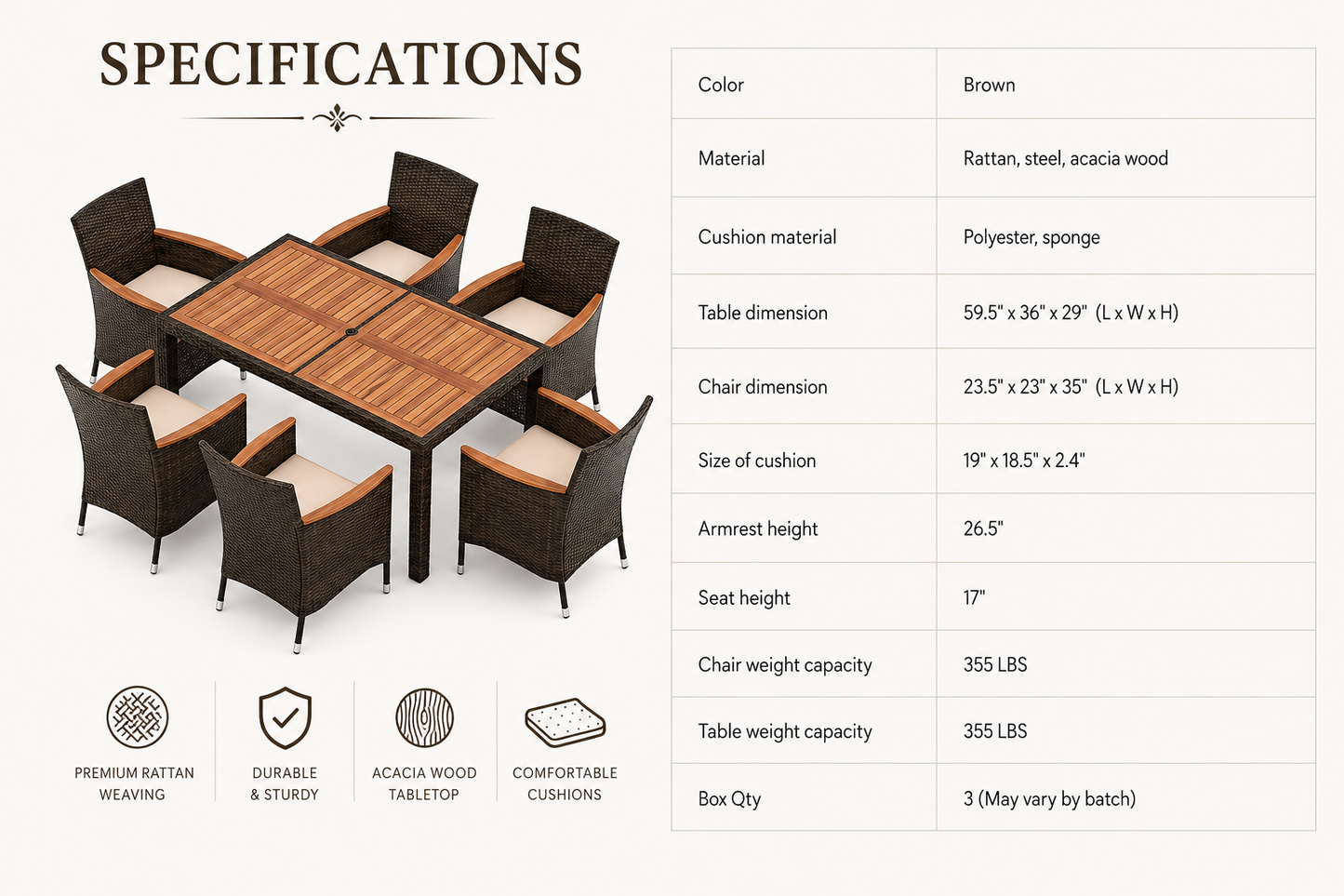 Outdoor furniture set with specifications on a white background