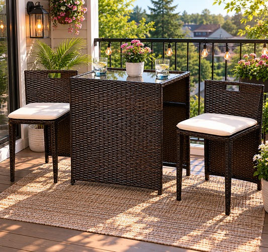 3-piece wicker patio bistro set with two cushioned chairs and tempered glass table on balcony