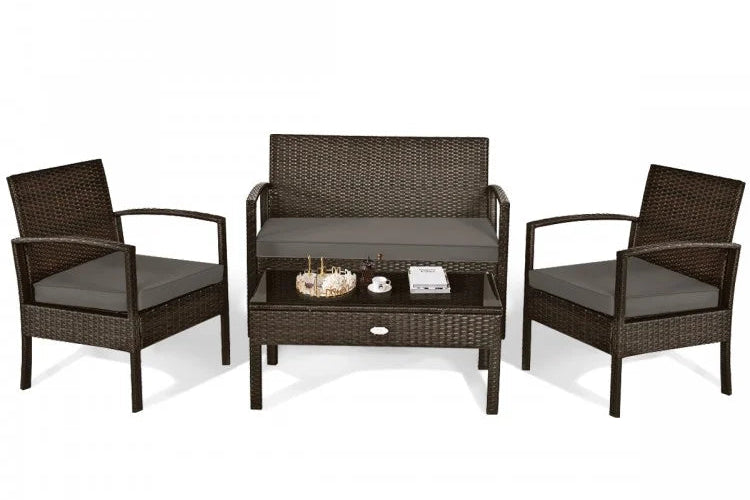 4-Piece Rattan Patio Conversation Set with Loveseat, 2 Chairs & Coffee Table | Sit Outside