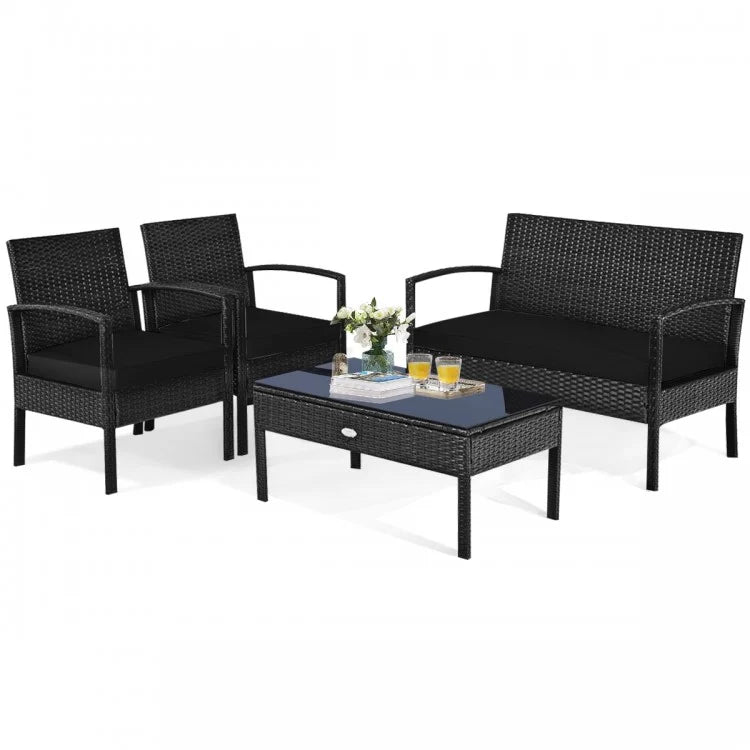 4-Piece Rattan Patio Conversation Set with Loveseat, 2 Chairs & Coffee Table | Sit Outside