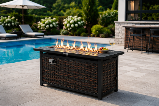 45-inch propane rattan fire pit table in mix brown with glass stones lit outdoors on patio