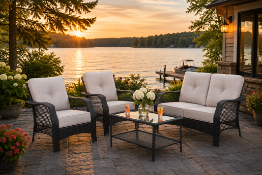 4-piece PE rattan patio set with loveseat, two chairs and coffee table in beige