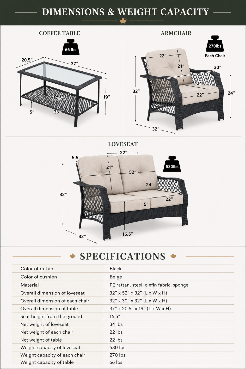 Dimensions and weight capacity chart for outdoor furniture including a coffee table, armchair, and loveseat.