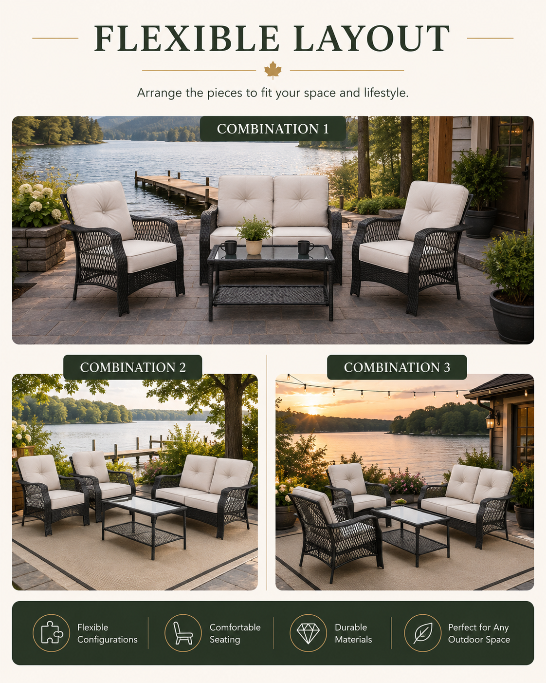 Outdoor furniture set with flexible layout options by a lake.
