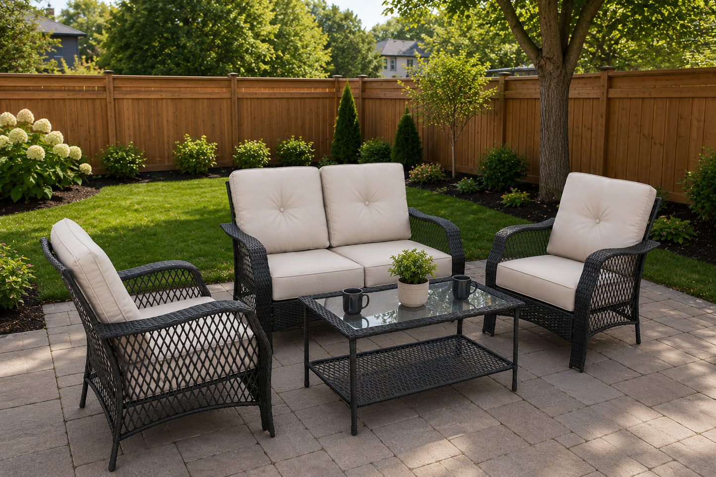 Two armchairs from 4-piece patio wicker set styled for outdoor relaxation