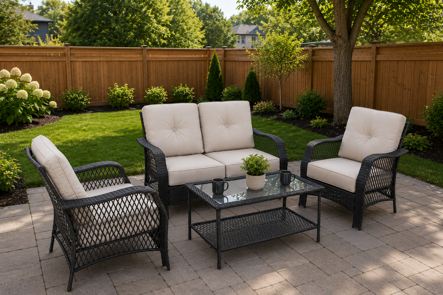 Two armchairs from 4-piece patio wicker set styled for outdoor relaxation