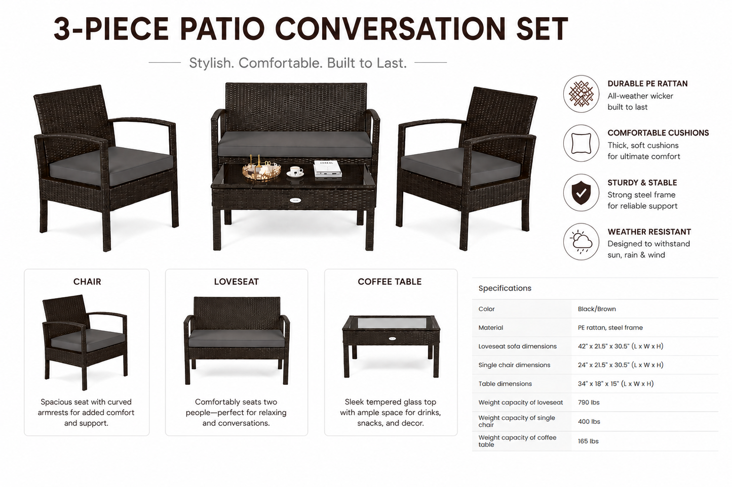 4-piece patio conversation set with chairs, loveseat, and coffee table