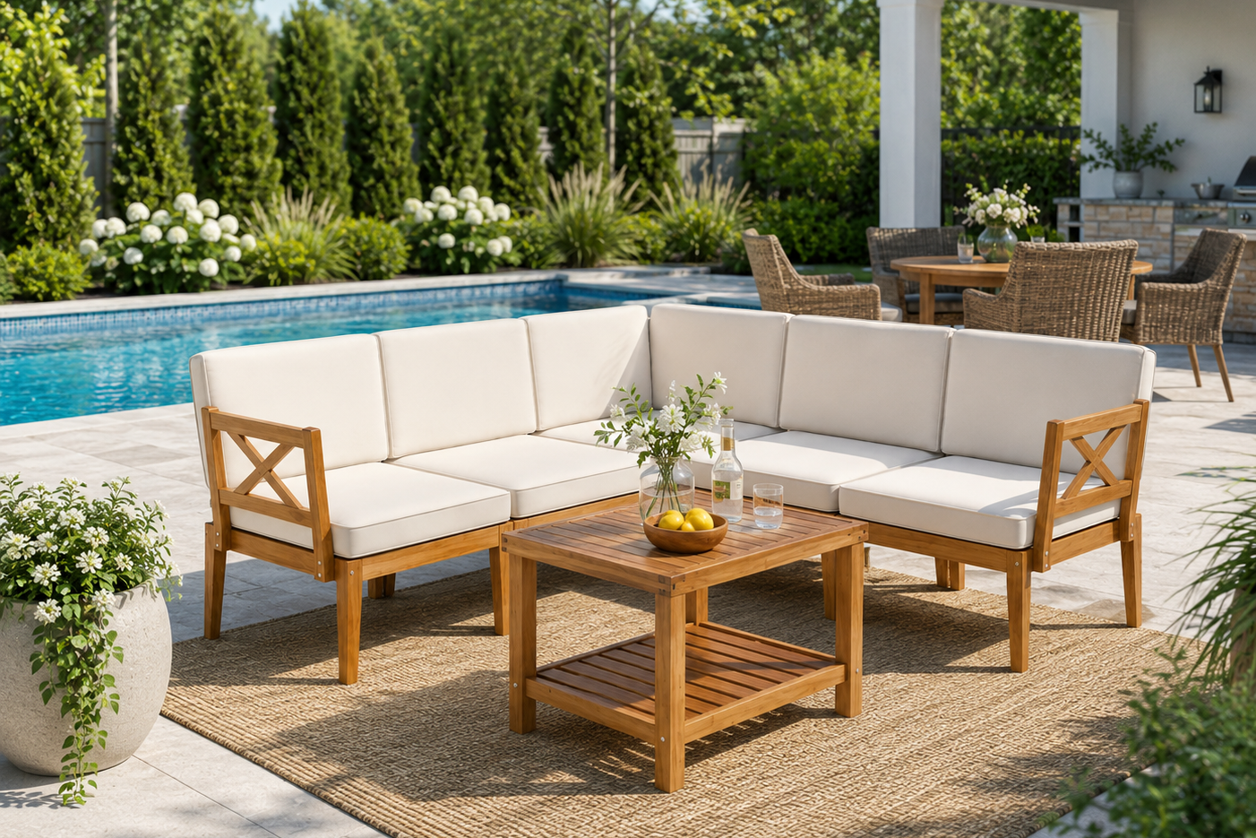 6-piece acacia wood L-shaped patio sectional set with white cushions and 2-tier coffee table outdoors