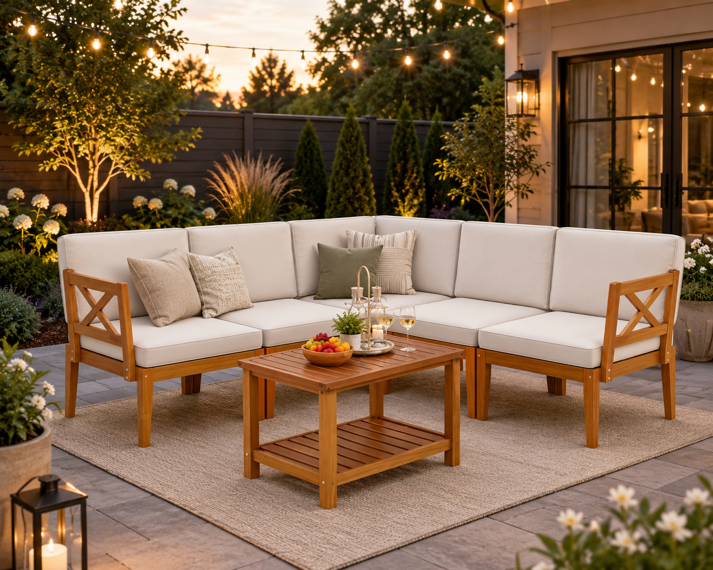 6-piece modular acacia wood outdoor sectional set styled on patio
