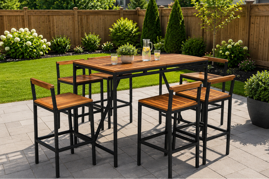 Acacia wood bar table with sturdy steel frame and PE rattan accents