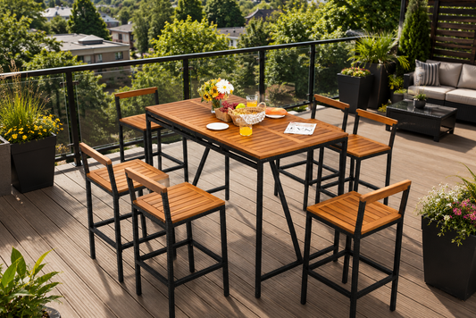7-piece acacia wood patio bar set with 6 stools and umbrella hole