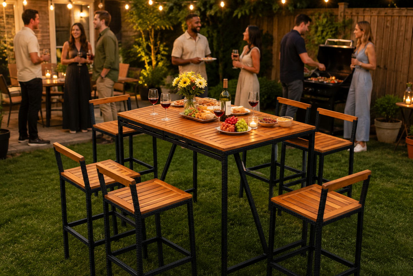 Acacia wood patio bar set styled in backyard setting