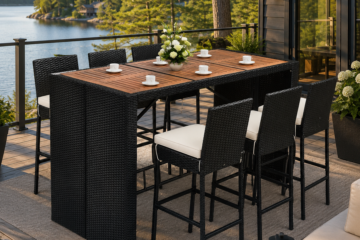 Bar-height rattan wicker dining table with natural wood top and steel frame