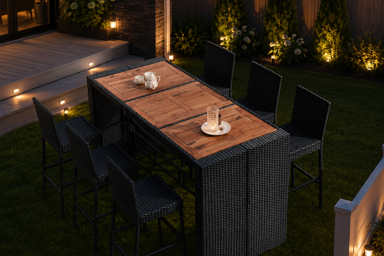Rattan patio dining set with 6 stools arranged for outdoor gathering