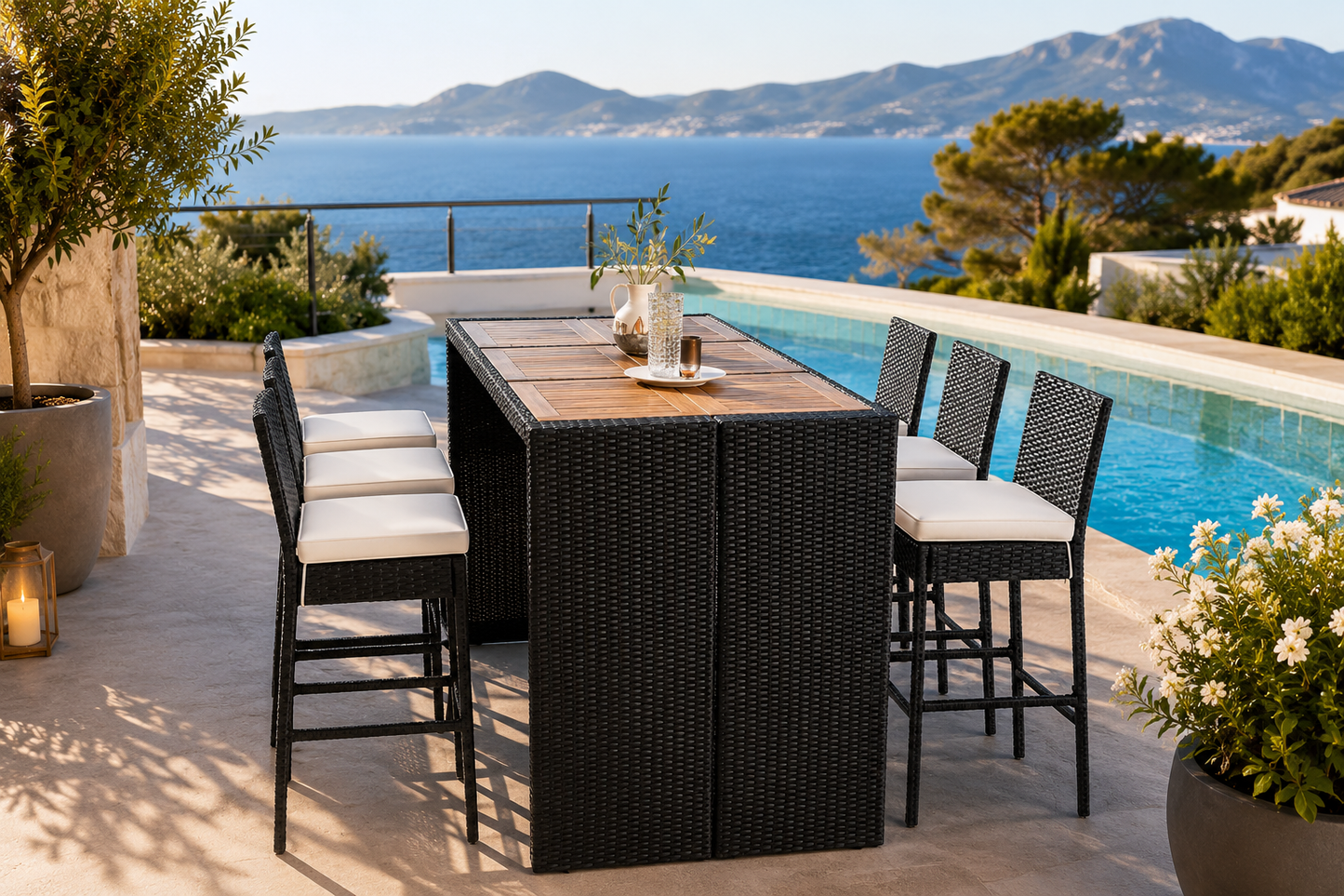 Full 7-piece patio dining set with table and 6 rattan stools for outdoor entertaining