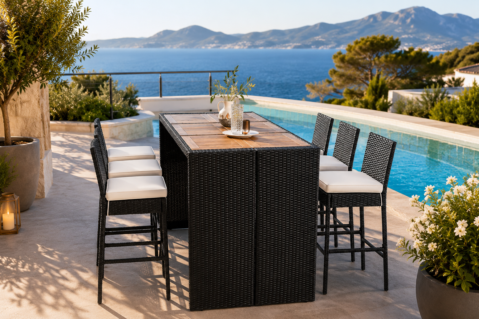 Full 7-piece patio dining set with table and 6 rattan stools for outdoor entertaining