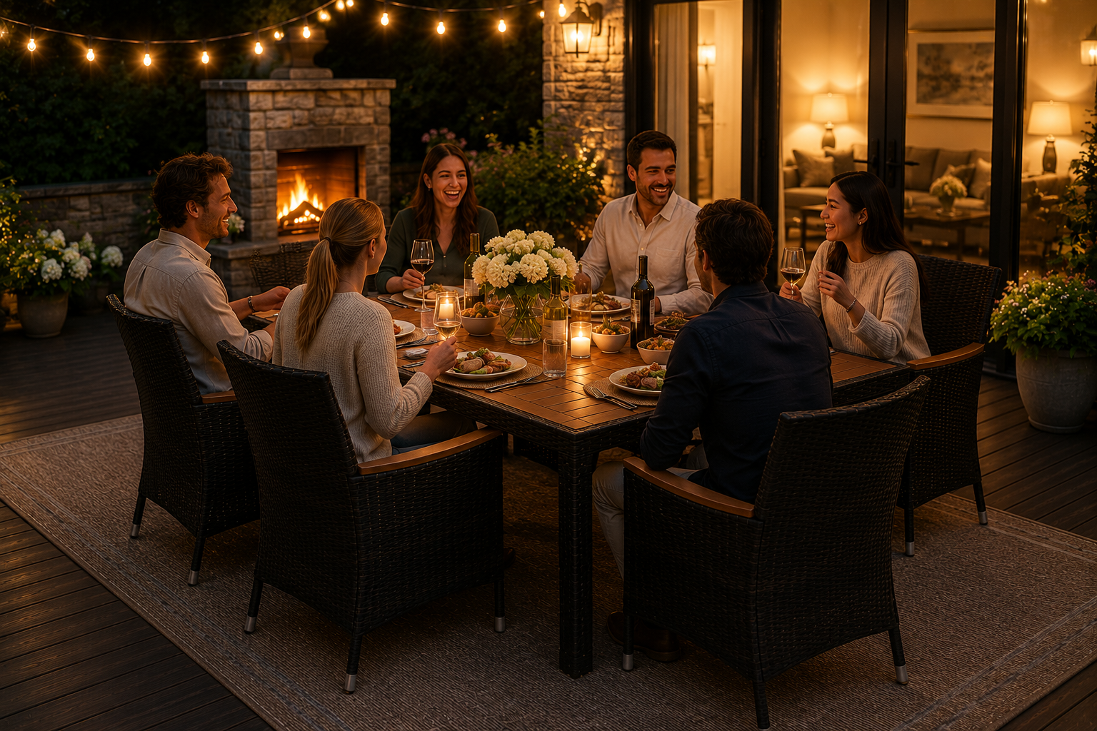 Group of people sitting around a table on a patio at night, enjoying a meal together.