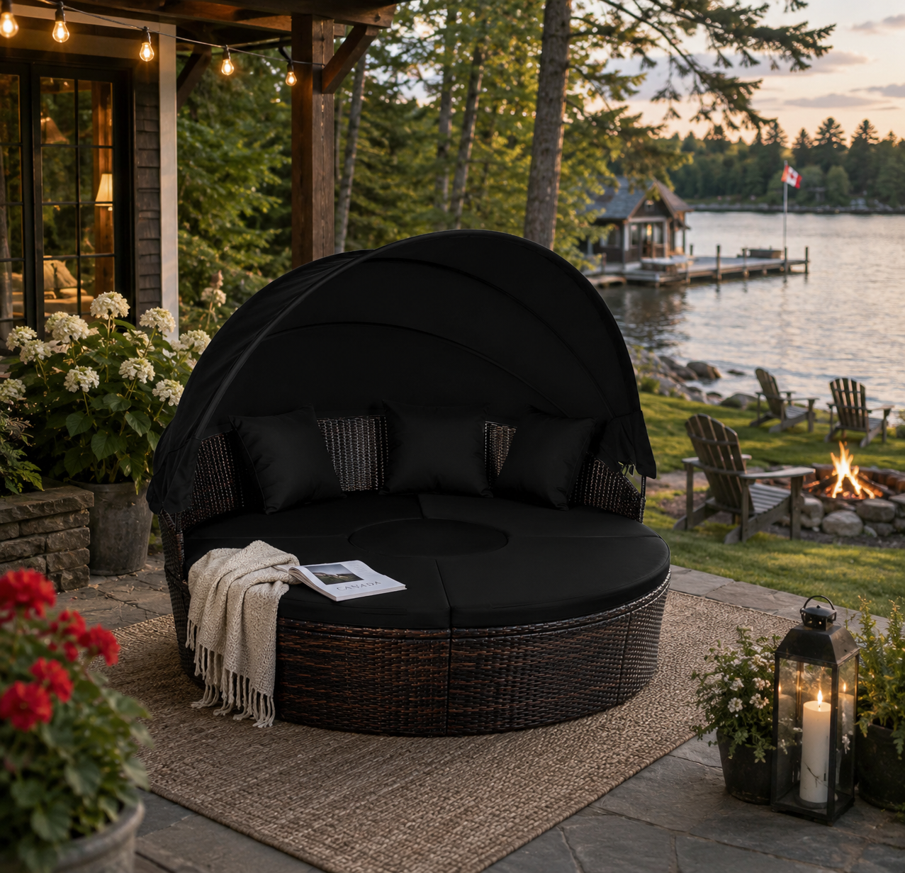 Outdoor patio area with a round wicker daybed, fire pit, and lake view.
