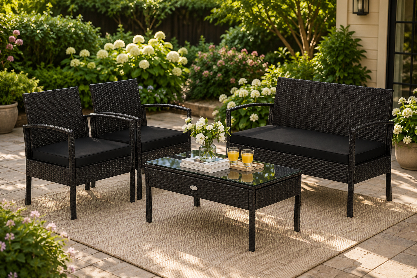 Black outdoor patio furniture set with a table on a patio with flowers and plants in the background.