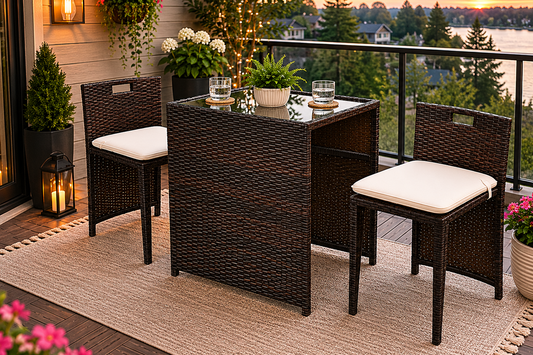 Outdoor patio set with table and chairs on a balcony with a scenic view.