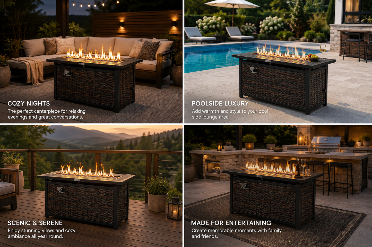 Collage of outdoor fire pit tables in all locations