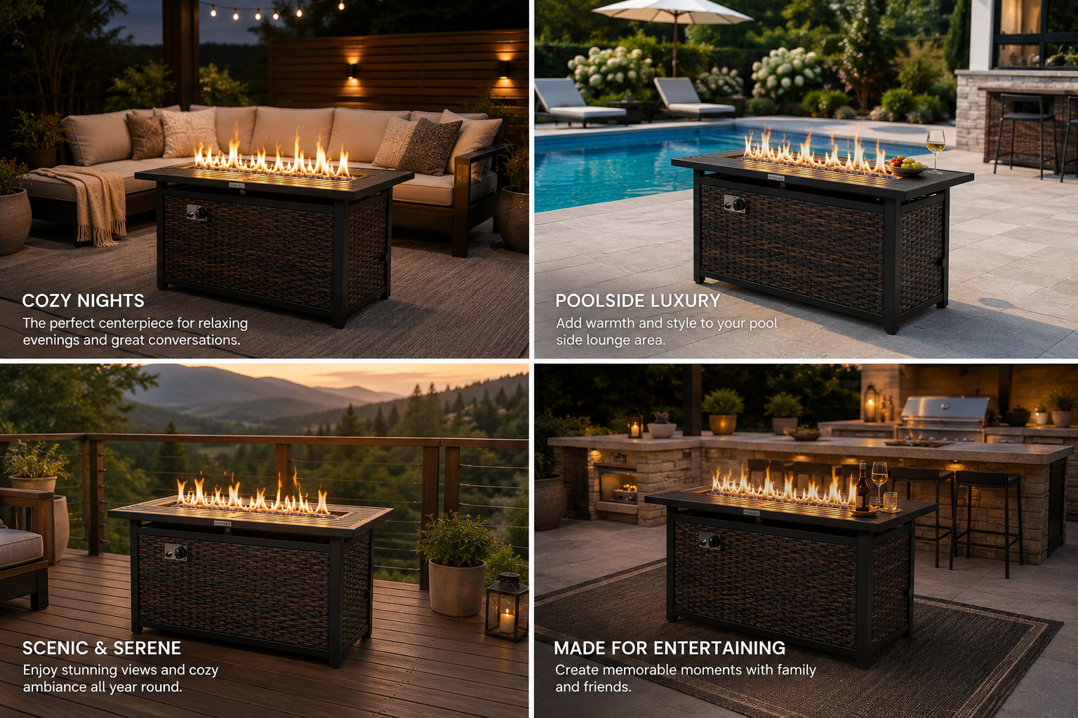 Collage of outdoor fire pit tables in all locations