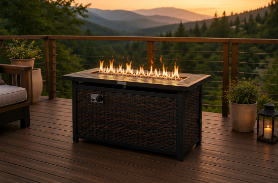 Fire pit table on a wooden deck with a scenic mountain view during sunset.
