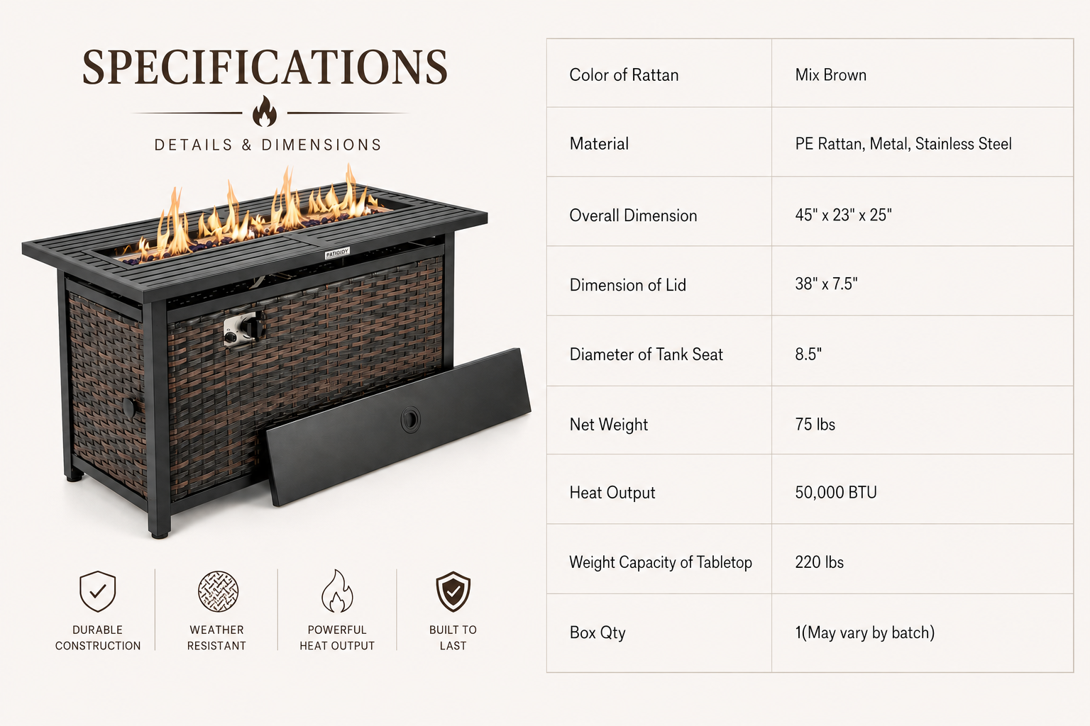 Fire pit table with specifications 