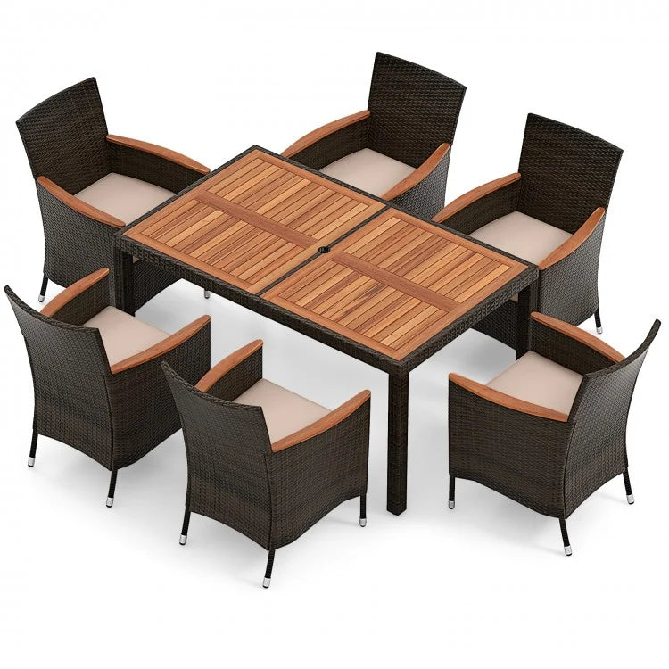 Outdoor furniture set with a wooden table and wicker chairs 