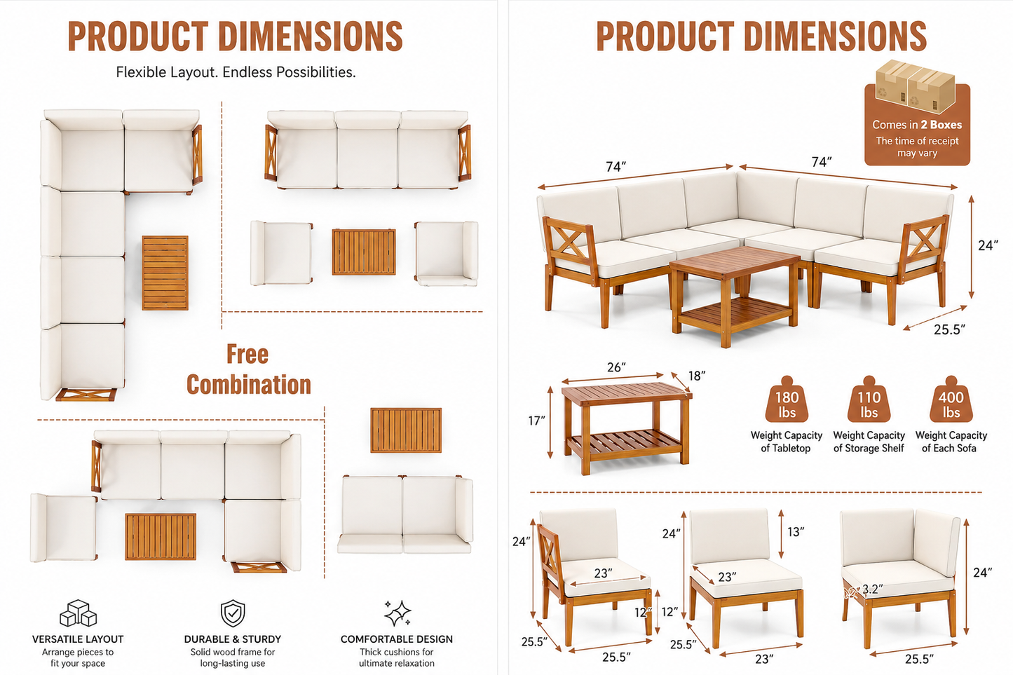 Outdoor furniture set with dimensions and layout options on a white background