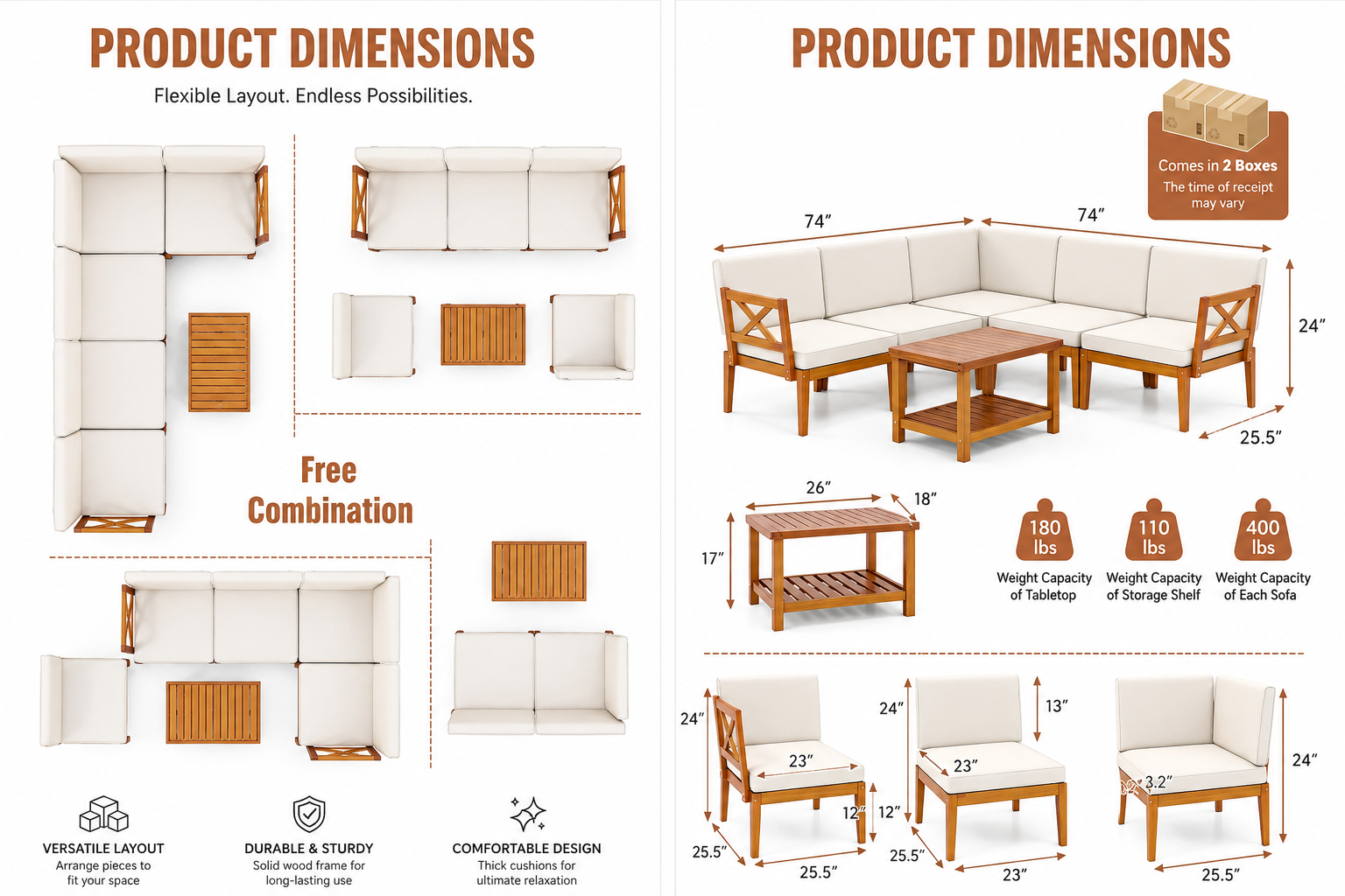Outdoor furniture set with dimensions and layout options on a white background