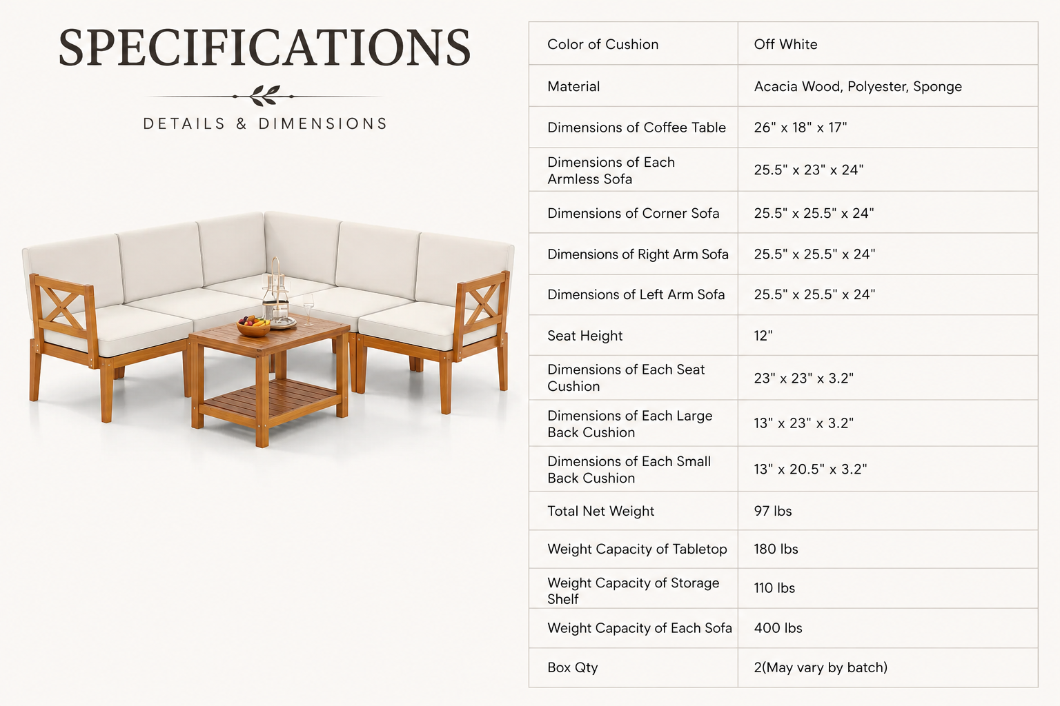 White and wood furniture set with dimensions and specifications 