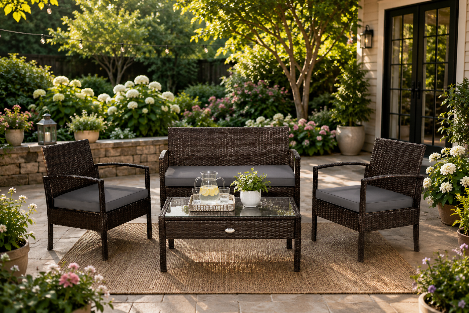 Outdoor patio set with chairs and a table in a garden setting