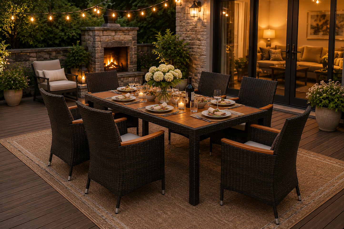 Outdoor patio setting with a table set for dinner, string lights, and a fireplace.