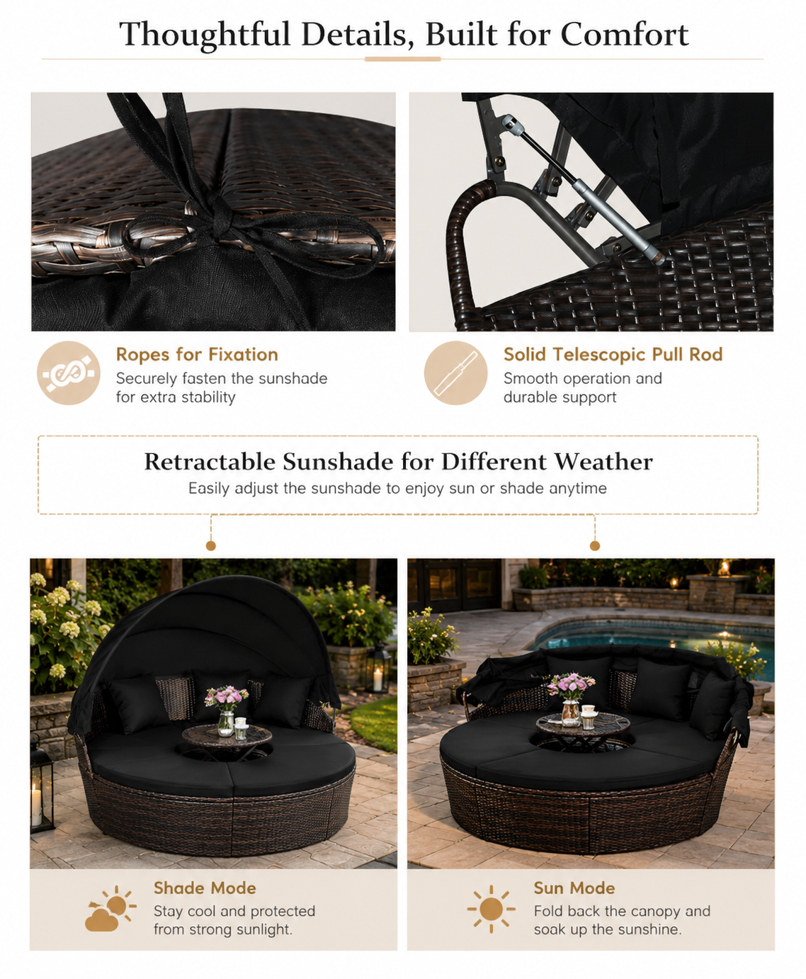 Outdoor patio furniture with retractable sunshade featuring ropes for fixation and telescopic pull rod.