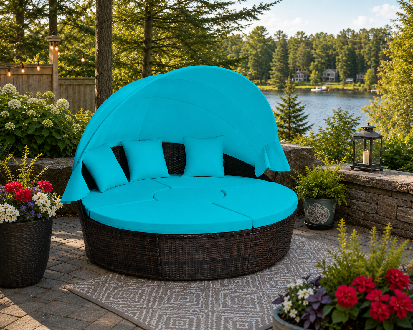 Turquoise outdoor daybed with canopy on a patio by a lake