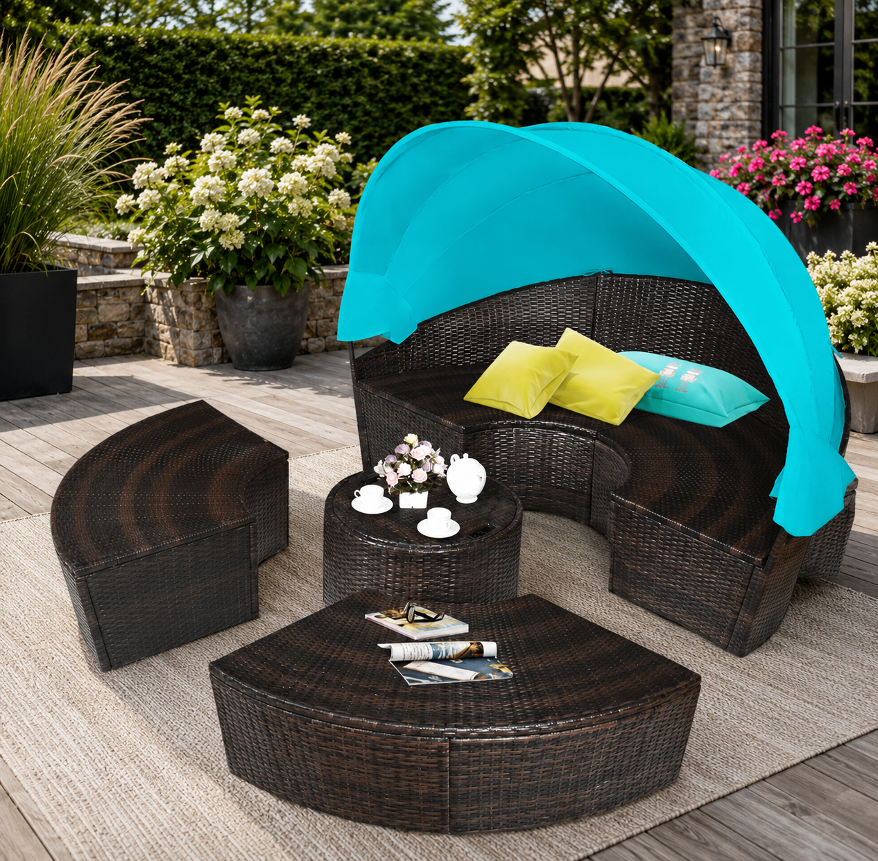 Outdoor patio furniture set with a canopy on a wooden deck