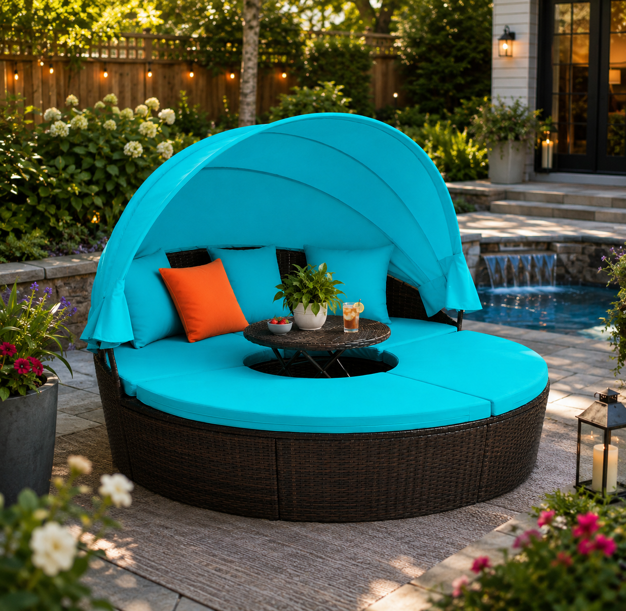 Round outdoor daybed with turquoise cushions and a canopy in a garden setting.