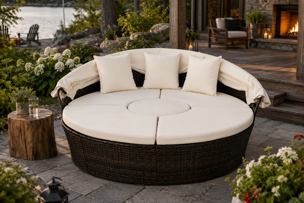 Round outdoor seating area with white cushions on a patio by a lake.