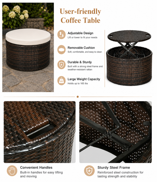 Wicker coffee table with adjustable design, cushion, and durable construction features.