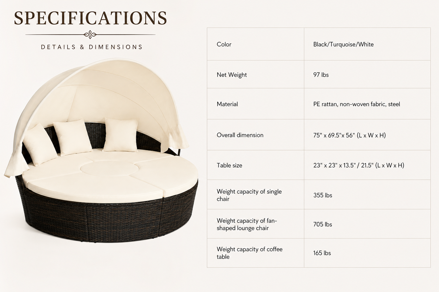 Fan-shaped lounge chair with specifications on a white background