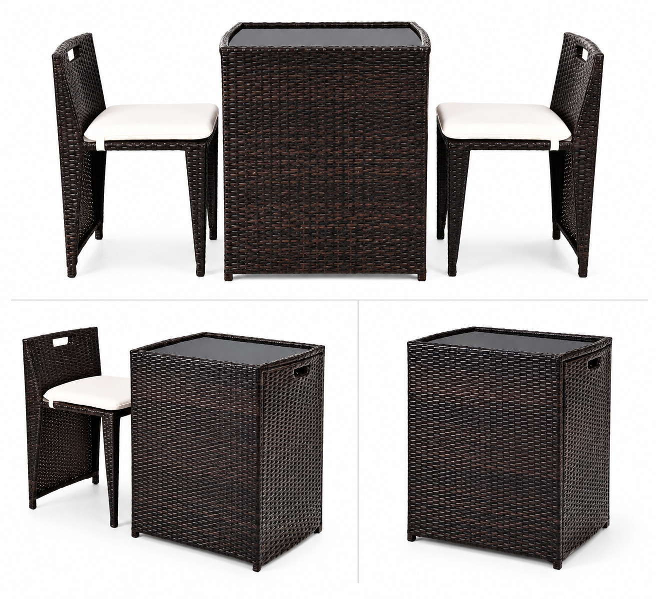 Both chairs tucked under tempered glass wicker bistro table in space-saving configuration