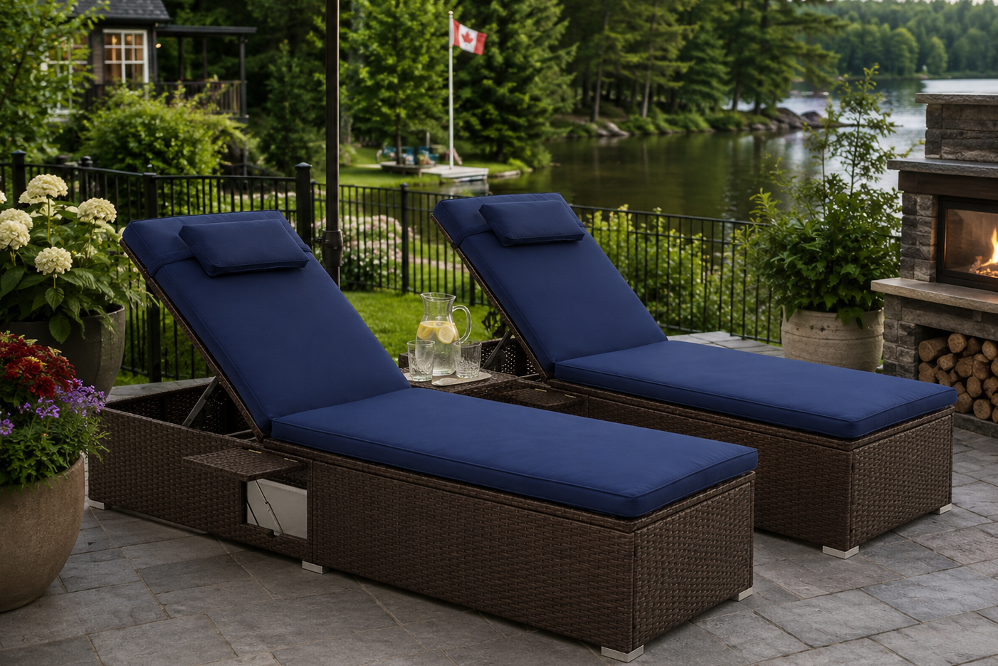 Two wicker lounge chairs with blue cushions on a patio by a lake.
