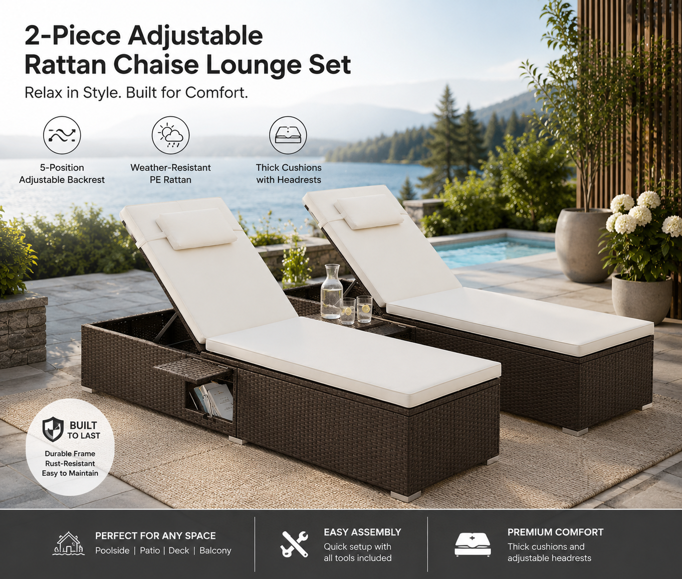 Two-piece adjustable rattan chaise lounge set with features listed on a scenic outdoor background.
