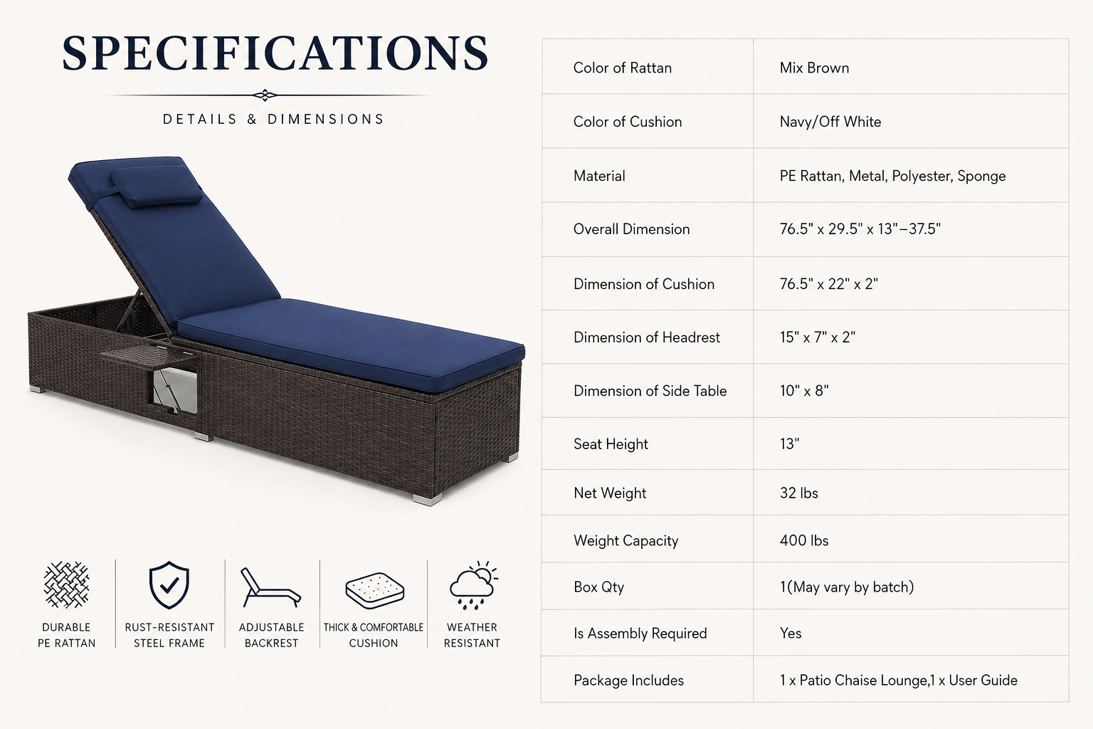 Patio lounge chair with specifications