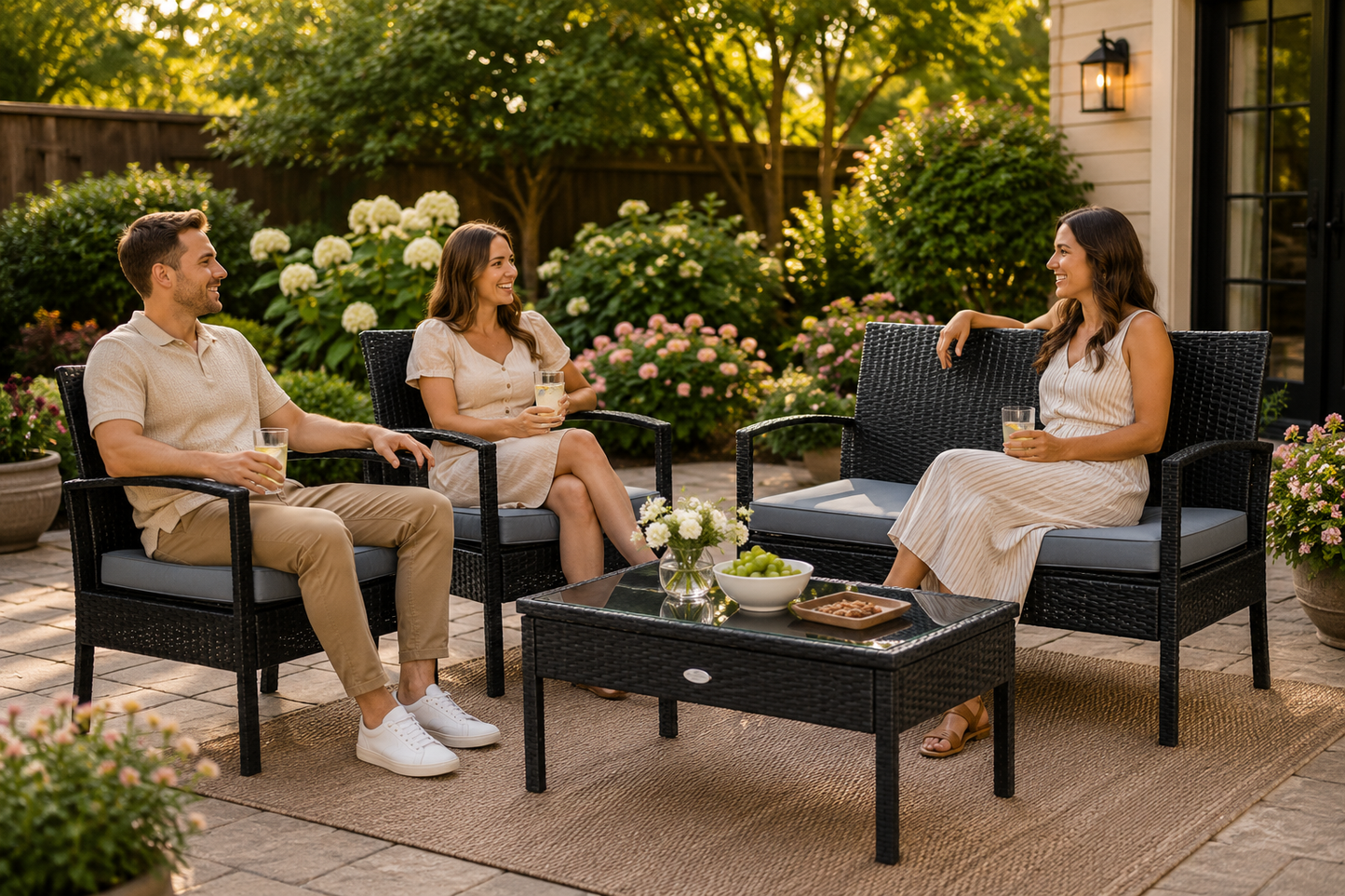 Three people sitting on outdoor furniture in a garden setting